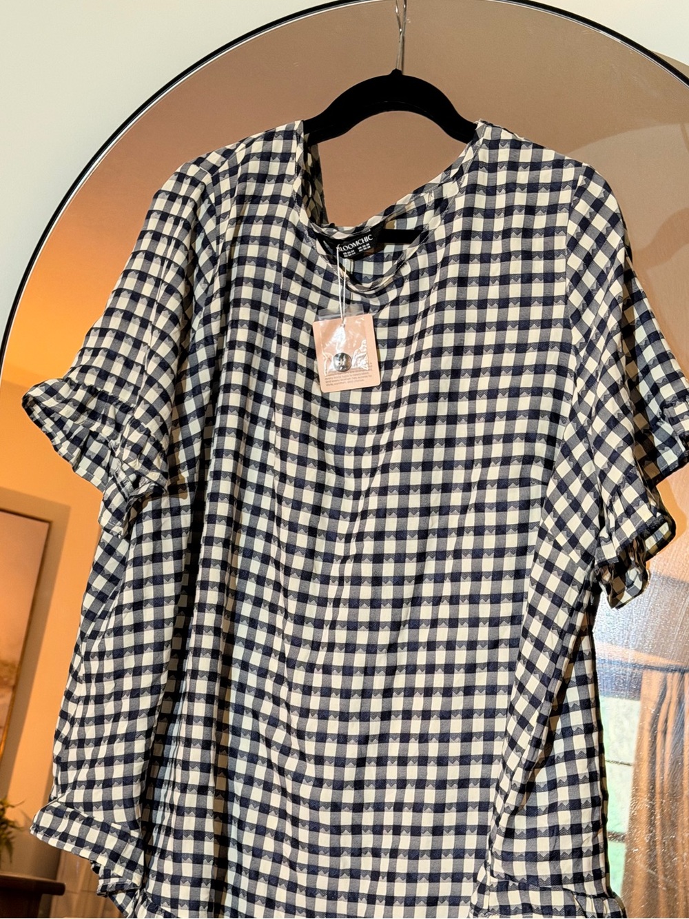BloomChic Navy and Cream Gingham Ruffle-Sleeve Dress - Picture 2 of 7